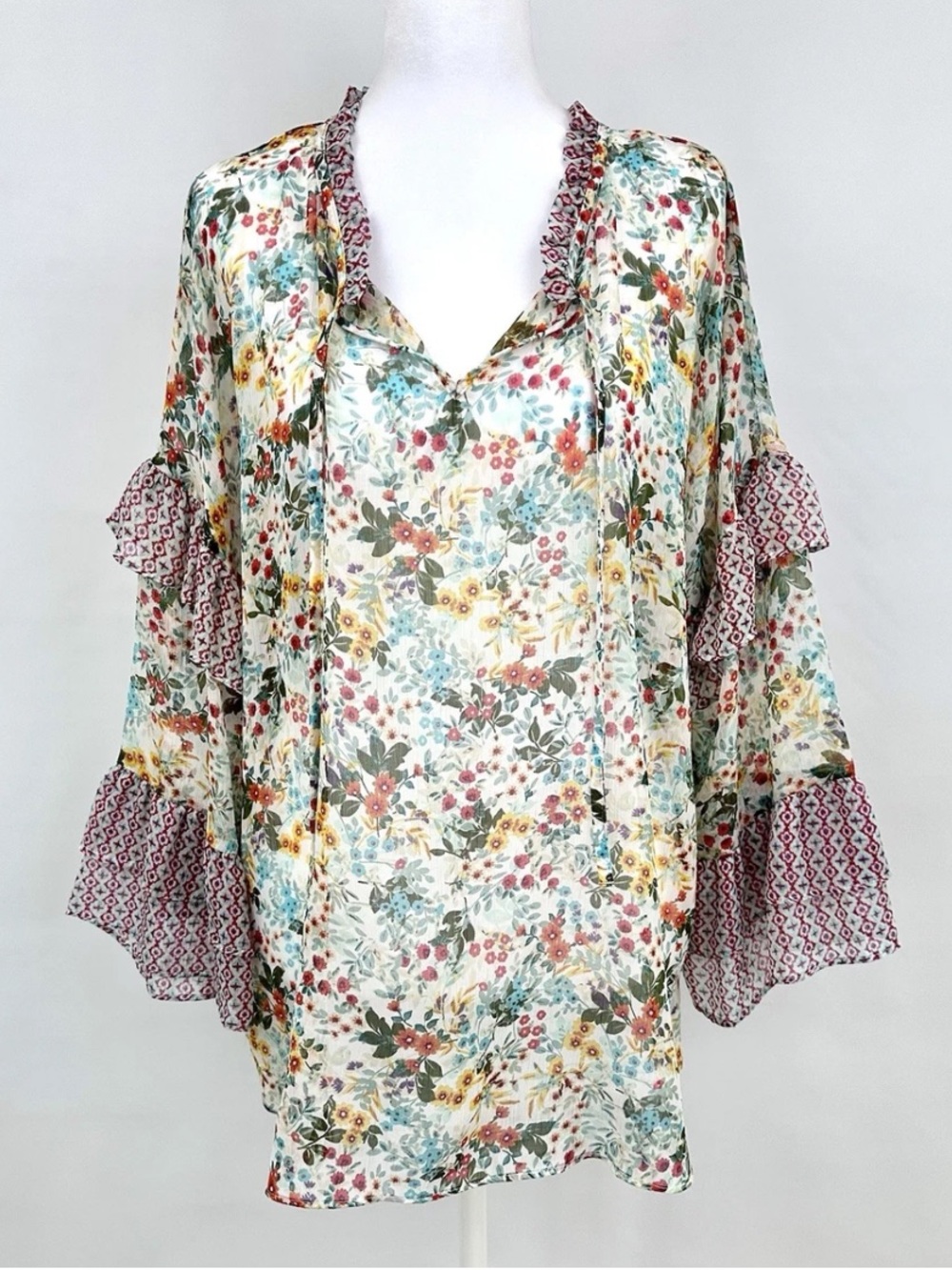 Boho Cottagecore Floral Sheer Peasant Blouse Ruffle Bell Sleeve XL ANA